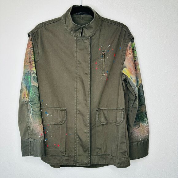 Zara Army Green Grafitti New York Jungle Oversize Zip Utility Jacket 100% Cotton - Picture 3 of 16